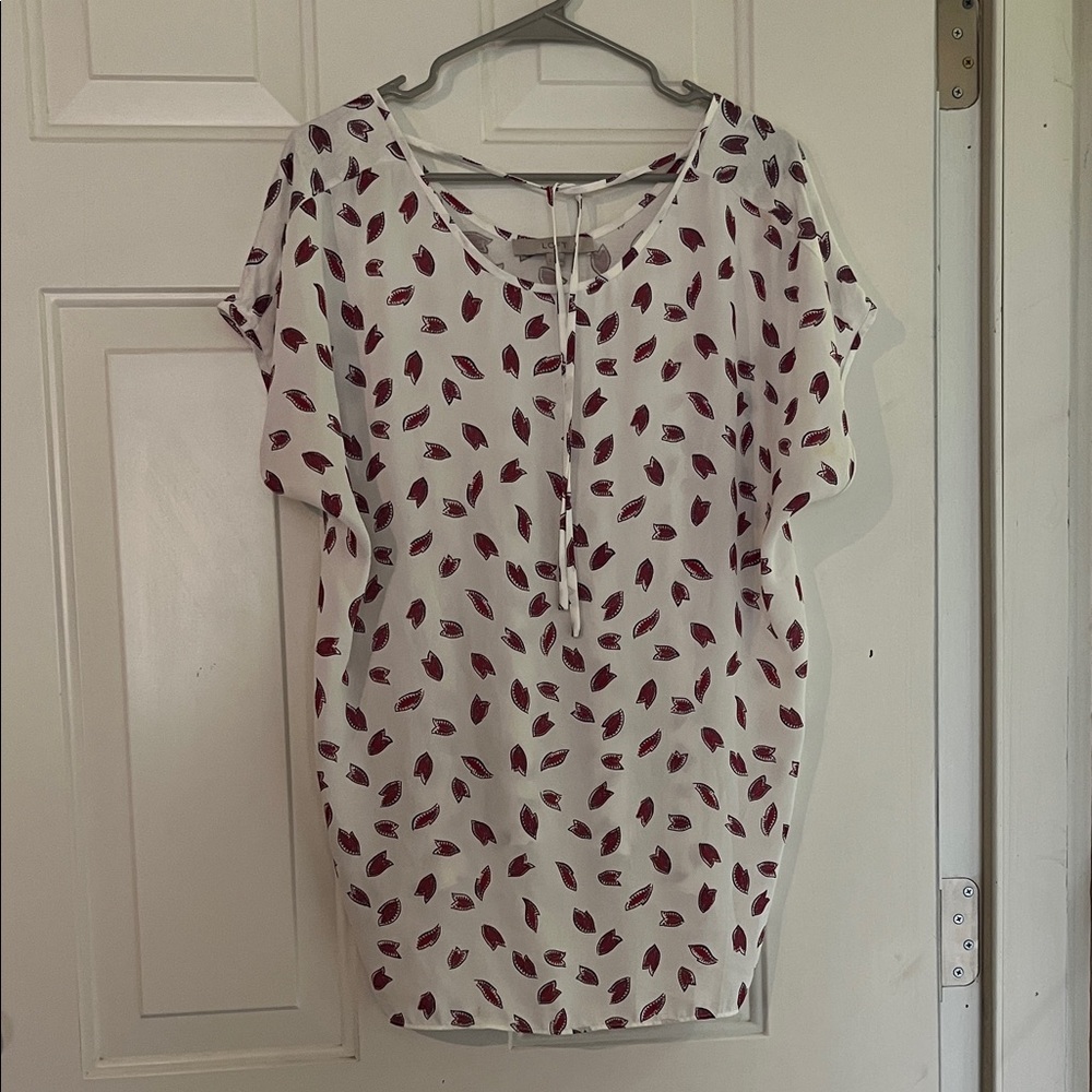 LOFT White Blouse with Red Leaf Pattern